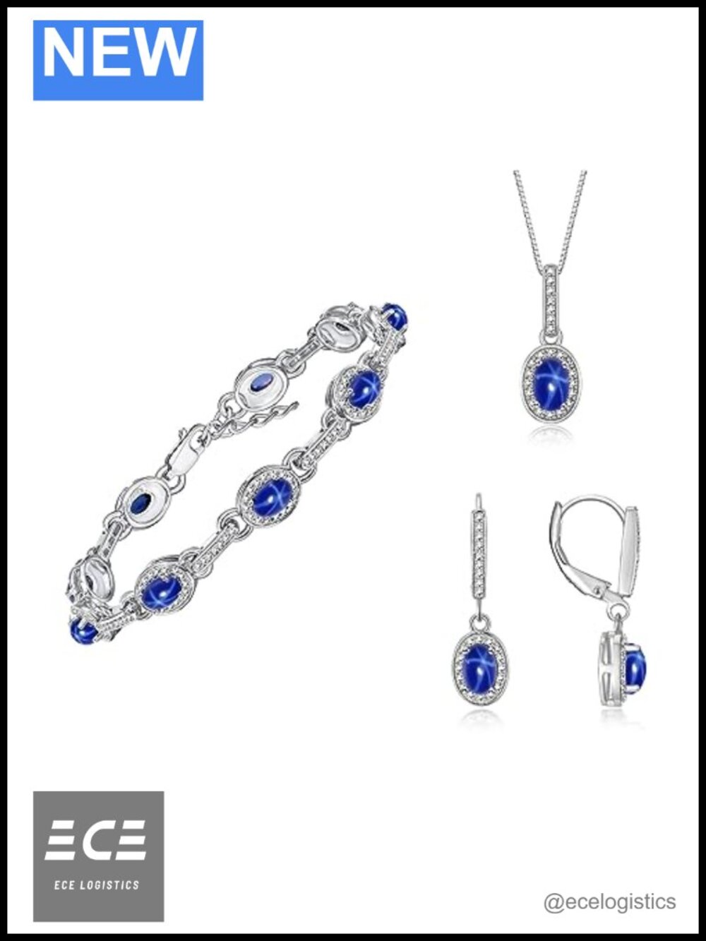 Sterling Silver 6x4MM Gemstone & Diamond Halo Jewelry Set with Tennis Bracelet,